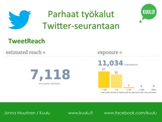 Parhaat	
  työkalut	
  	
  
Twi1er-­‐seurantaan	
  
TweetReach	
  

Jonna Muurinen / Kuulu

www.kuulu.fi

www.facebook.com...