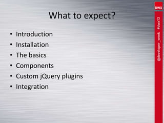 What to expect?
• Introduction
• Installation
• The basics
• Components
• Custom jQuery plugins
• Integration
 