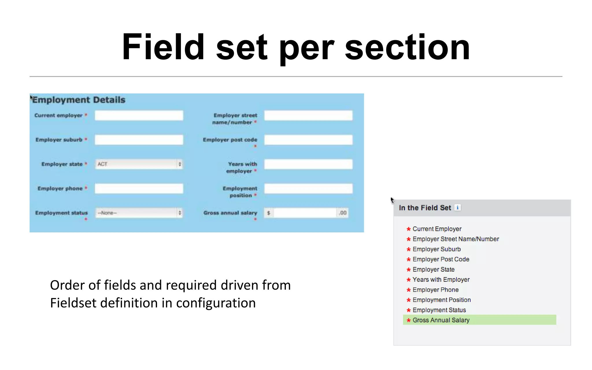 Field set per section




Order of fields and required driven from
Fieldset definition in configuration
 
