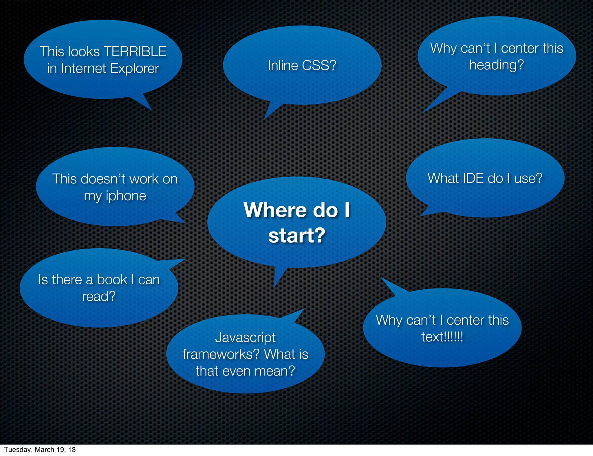 This looks TERRIBLE                                           Why can’t I center this
           in Internet Explorer                  Inline CSS?                 heading?




              This doesn’t work on                                     What IDE do I use?
                   my iphone
                                              Where do I
                                               start?

          Is there a book I can
                  read?
                                                               Why can’t I center this
                                           Javascript                text!!!!!!
                                     frameworks? What is
                                        that even mean?




Tuesday, March 19, 13
 