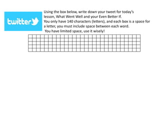 Using the box below, write down your tweet for today’s
lesson, What Went Well and your Even Better If.
You only have 140 characters (letters), and each box is a space for
a letter, you must include space between each word.
You have limited space, use it wisely!
 