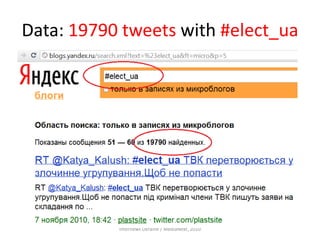 Data: 19790 tweets with #elect_ua
Internews Ukraine / MediaNext, 2010
 