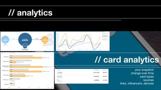 // card analytics
your snapshot

change over time

card types

sources 

links, inﬂuencers, devices 

// analytics
 