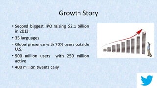 Growth Story
• Second biggest IPO raising $2.1 billion
in 2013
• 35 languages
• Global presence with 70% users outside
U.S.
• 500 million users with 250 million
active
• 400 million tweets daily
 