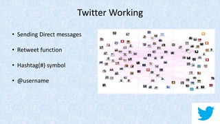 Twitter Working
• Sending Direct messages
• Retweet function
• Hashtag(#) symbol
• @username
 