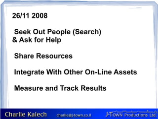 26/11 2008 Seek Out People (Search) & Ask for Help Share Resources Integrate With Other On-Line Assets Measure and Track Results 