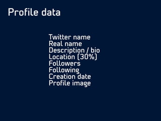 Proﬁle data
Twitter name
Real name
Description / bio
Location (30%)
Followers
Following
Creation date
Proﬁle image
 