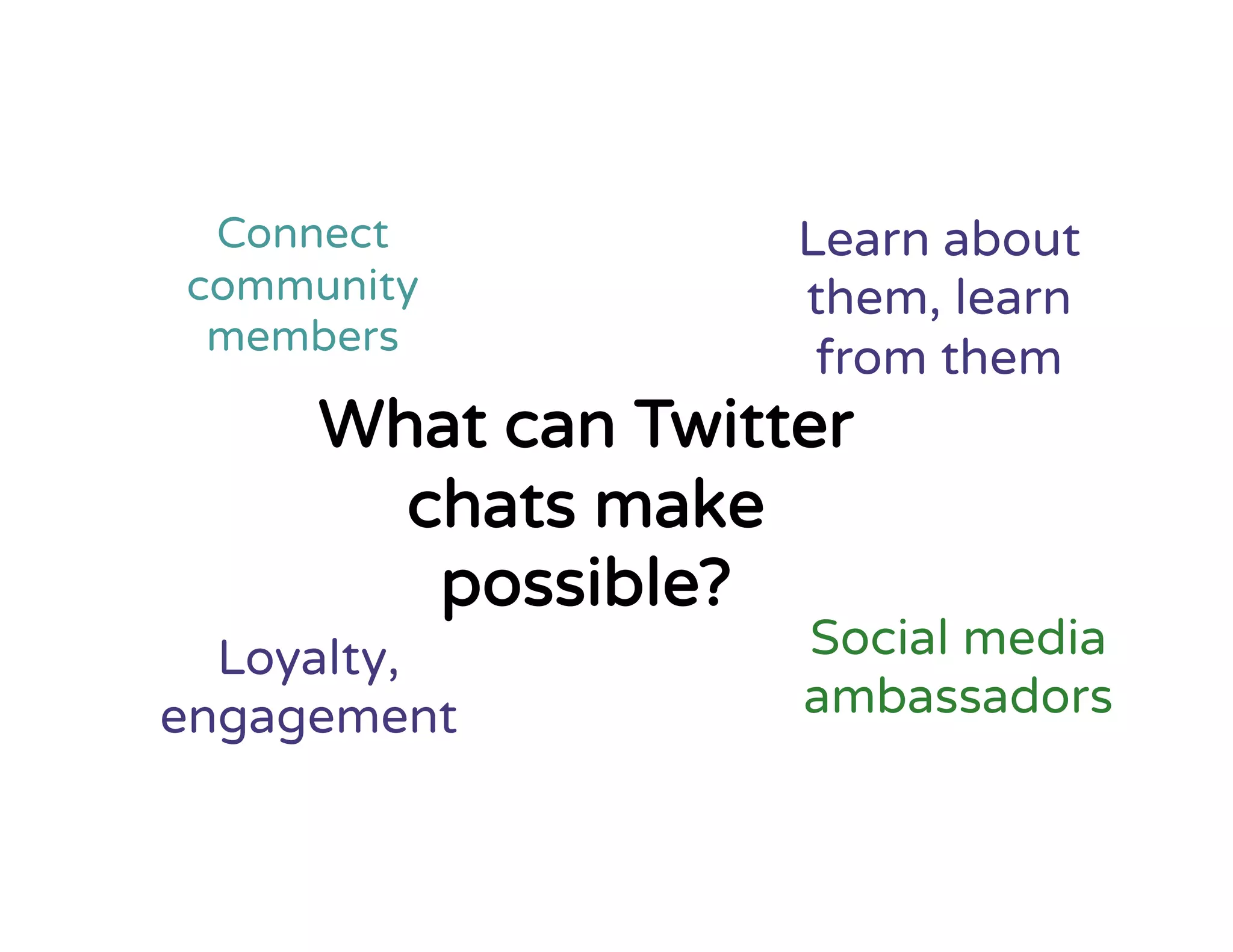 Learn about
them, learn
from them
Connect
community
members
Loyalty,
engagement
Social media
ambassadors
What can Twitter
chats make
possible?
 