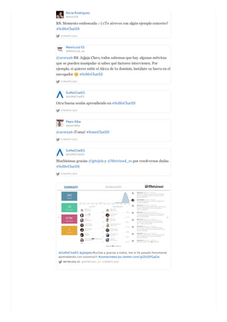 Alicia Rodríguez
@aroru26
A MONTH AGO
R8. Momento emboscada :-) ¿Te atreves con algún ejemplo concreto?
#SoMeChatES
Metricool ES
@Metricool_es
A MONTH AGO
@aroru26 R8. Jajjaja Claro, todos sabemos que hay algunas métricas
que se pueden manipular si sabes qué factores intervienen. Por
ejemplo, si quieres subir el Alexa de tu dominio, instálate su barra en el
navegador #SoMeChatES
SoMeChatES
@SoMeChatES
A MONTH AGO
Otra buena sesión aprendiendo en #SoMeChatES
Pepo Alba
@pepoalba
A MONTH AGO
@aroru26 ¡Toma! #SomeChatES
SoMeChatES
@SoMeChatES
A MONTH AGO
Muchísimas gracias @jptejela y @Metricool_es por resolvernos dudas
#SoMeChatES
METRICOOL ES @METRICOOL_ES · A MONTH AGO
@SoMeChatES @jptejela Muchas a gracias a todos, me lo he pasado fenomenal
aprendiendo con vosotros!!! #somechates pic.twitter.com/gGDiQPGqOa
 
