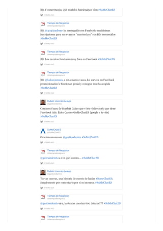 2 YEARS AGO
R8. Y concretando, qué modelos funcionaban bien #SoMeChatES
Tiempo de Negocios
@tiempodenegocio
2 YEARS AGO
R8. @303Academy ha conseguido con Facebook muchísimas
inscripciones para sus eventos “masterclass” con Dj’s reconocidos
#SoMeChatES
Tiempo de Negocios
@tiempodenegocio
2 YEARS AGO
R8. Los eventos funcionan muy bien en Facebook #SoMeChatES
Tiempo de Negocios
@tiempodenegocio
2 YEARS AGO
R8. @kukuxumusu, a esta marca vasca, los sorteos en Facebook
promocionados le funcionan genial y consigue mucha acogida
#SoMeChatES
Rubén Lorenzo Araujo
@gestiondemto
2 YEARS AGO
Conozco el caso de Scarlett Cakes que ví en el directorio que tiene
Facebook Ads. Éxito Casero#SoMeChatES (google y lo véis)
#SoMeChatES
SoMeChatES
@SoMeChatES
2 YEARS AGO
Graciaaaaaaaaaaas @gestiondemto #SoMeChatES
Tiempo de Negocios
@tiempodenegocio
2 YEARS AGO
@gestiondemto a ver que lo miro.... #SoMeChatES
Rubén Lorenzo Araujo
@gestiondemto
2 YEARS AGO
Tartas caseras, una historia de cuento de hadas #SomeChatES;
simplemente por comentarlo por si os interesa. #SoMeChatES
Tiempo de Negocios
@tiempodenegocio
2 YEARS AGO
@gestiondemto oye, las tratas cuestan 600 dólares??? #SoMeChatES
Tiempo de Negocios
@tiempodenegocio
 