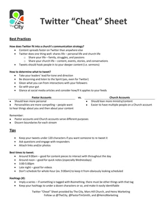 Twitter “Cheat” Sheet
Best Practices
How does Twitter fit into a church’s communication strategy?
    Content spreads faster on Twitter than anywhere else
    Twitter does one thing well: shares life – personal life and church life
          o Share your life – family, struggles, and passions
          o Share your church life – content, events, stories, and conversations
    Tweets should hook people in to your deeper content (i.e. sermons)

How to determine what to tweet?
    Take your leaders’ lead for tone and direction
    Be discerning and listen to the Spirit (yes, even for Twitter)
    Glean what you can from interactions with your followers
    Go with your gut
    Glance at social media articles and consider how/if it applies to your feeds

                  Pastor Accounts                        vs.                      Church Accounts
Should lean more personal                                   Should lean more ministry/content
Personalities are more compelling – people want             Easier to have multiple people on a Church account
to hear things about you and then about your content

Remember:
Pastor accounts and Church accounts serve different purposes
Discern boundaries for each stream



Tips

      Keep your tweets under 120 characters if you want someone to re-tweet it
      Ask questions and engage with responders
      Attach links and/or photos

Best times to tweet:
    Around 9:00am – good for content pieces to interact with throughout the day
    Around noon – good for quick notes (especially Wednesdays)
    3:00-5:00pm
    Late night – good for videos
    Don’t schedule for whole-hour (ex. 9:00am) to keep it from obviously looking scheduled

Hashtags (#):
    Imply a series – if something is tagged with #something, there must be other things with that tag
    Keep your hashtags to under a dozen characters or so, and make it easily identifiable

                  Twitter “Cheat” Sheet provided by The City, Mars Hill Church, and Heinz Marketing
                            Follow us @TheCity, @PastorTimSmith, and @HeinzMarketing
 