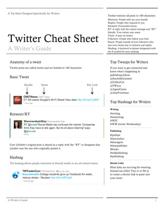A Tip Sheet Designed Specifically for Writers.
                                                                                     Twitter restricts all posts to 140 characters
                                                                                     Mentions: People who say your handle
                                                                                     Replies: People who respond to you
                                                                                     Retweets: Forwarded tweets
                                                                                     RT: A reply with the copied message and “RT”
                                                                                     Handle: Your twitter user name


Twitter Cheat Sheet
                                                                                     Tweet: A post on twitter
                                                                                     Followers: People who follow your feed
                                                                                     Reach: People outside of your followers who
                                                                                     saw your tweets due to retweets and replies
A Writer’s Guide                                                                     Hashtag: A keyword or phrase designated with
                                                                                     the # symbol for easy tracking



 Anatomy of a tweet                                                                    Top Tweeps for Writers
 Twitter posts are called tweets and are limited to 140 characters.                    If you want to get connected and
                                                                                       know what’s happening in
                                                                                       publishing follow:
 Basic Tweet                                                                           @RachelleGardner
                                                                                       @GalleyCat
              Handle         Name                                     Bity Link        @PWxyz
                                                                                       @AgentGame
                                                                                       @JaneFriedman


                                                                                       Top Hashtags for Writers
                                                                                       Writing

 Retweet/RT                                                                            #writing
                                                                                       #amwriting
                                                                                       #WIP
                                                                                       #WW (writer Wednesday)

                                                                                       Publishing
                                                                                       #pubtips
                                                                                       #dearauthor
                                                                                       #dearagent
 User @Solete’s original post is shared as a reply with the “RT” to designate that     #dearpublisher
 @solete was the one who originally posted it.                                         #books
                                                                                       #selfpublishing
                                                                                       #publishing
 Hashtag
 The hashtag allows people interested in #social media to see all related tweets.      Shrink Links
                                                                                       Most links are too long for tweeting.
                                                                                       Instead use either Tiny.cc or Bit.ly
                                                                                       to create a shorter link to paste into
                                                                                       your tweet.




A Writer’s Guide                                                                                                                 1
 