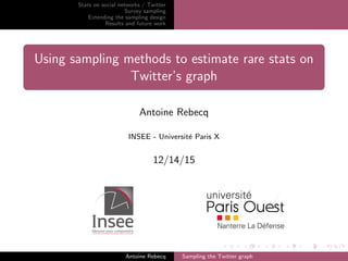 Stats on social networks / Twitter
Survey sampling
Extending the sampling design
Results and future work
Using sampling methods to estimate rare stats on
Twitter’s graph
Antoine Rebecq
INSEE - Universit´e Paris X
12/14/15
Antoine Rebecq Sampling the Twitter graph
 