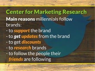 Center for Marketing ResearchCenter for Marketing Research
Main reasons millennials follow
brands:
- to support the brand
...