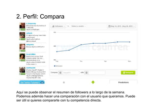 Aquí se puede observar el resumen de followers a lo largo de la semana.
Podemos además hacer una comparación con el usuario que queramos. Puede
ser útil si quieres compararte con tu competencia directa.
2. Perfil: Compara
 