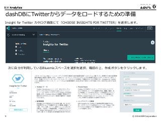 © 2016 IBM Corporation5
dashDBにTwitterからデータをロードするための準備
Insight for Twitter カタログ画面にて「CHOOSE INSIGHTS FOR TWITTER」を選択します。
次に自分が利用しているBluemixスペースを選択を選択、確認の上、作成ボタンをクリックします。
 