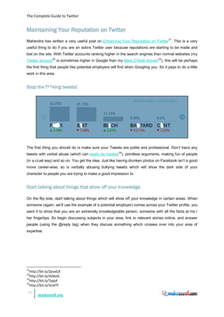 The Complete Guide to Twitter


Maintaining Your Reputation on Twitter
Mahendra has written a very useful post on Enhancing Your Reputation on Twitter 31. This is a very
useful thing to do if you are an active Twitter user because reputations are starting to be made and
lost on the site. With Twitter accounts ranking higher in the search engines than normal websites (my
Twitter account 32 is sometimes higher in Google than my Mark O’Neill domain33), this will be perhaps
the first thing that people like potential employers will find when Googling you. So it pays to do a little
work in this area.


Stop the f**king tweets!




The first thing you should do is make sure your Tweets are polite and professional. Don’t have any
tweets with verbal abuse (which can easily be tracked 34), pointless arguments, making fun of people
(in a cruel way) and so on. You get the idea. Just like having drunken photos on Facebook isn’t a good
move career-wise, so is verbally abusing bullying tweets which will show the dark side of your
character to people you are trying to make a good impression to.


Start talking about things that show off your knowledge

On the flip side, start talking about things which will show off your knowledge in certain areas. When
someone (again, we’ll use the example of a potential employer) comes across your Twitter profile, you
want it to show that you are an extremely knowledgeable person, someone with all the facts at his /
her fingertips. So begin discussing subjects in your area, link to relevant stories online, and answer
people (using the @reply tag) when they discuss something which crosses over into your area of
expertise.




31
   http://bit.ly/2pvaGX
32
   http://bit.ly/JGNoQ
33
   http://bit.ly/7ppj4
34
   http://bit.ly/3UelTl
 25
       markoneill.org
 