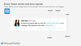 Twitter, Inc. | Conﬁdential ( )40
Barista Bar @baristabarIm stuck on what to get my mum for mothers day. Flowers or a
massage. She deserves them both. #MumGifts
Jane Doe @JaneDoe
context
sentiment
#hashtag
keywords keywords
Every Tweet sends real-time signals
These signals can be categorised into two groups: what you tweet and how you engage.
Hide MoreFavoriteReply Retweet
 
