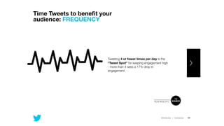 @TwitterAds | Conﬁdential 59
Tweeting 4 or fewer times per day is the
“Tweet Spot” for keeping engagement high
- more than 4 sees a 17% drop in
engagement
Time Tweets to beneﬁt your
audience: FREQUENCY
Buddy Media 2012
THE
SOURCE
 