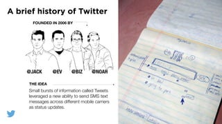 A brief history of Twitter
@JACK @EV @BIZ
Small bursts of information called Tweets
leveraged a new ability to send SMS text
messages across different mobile carriers
as status updates.
THE IDEA
FOUNDED IN 2006 BY
@JACK @EV @BIZ @NOAH
 