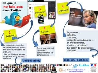 Ce que je

ne fais pas

avec Twitter

1

3

on
Perdre m
temps

Discuter

4

Le café

2

Archiver

Le moteur de recherche
de twitter n’est pas assez
bon et il n’a pas assez de
mémoire.
Il est très difficile de retrouver
un twitt si on le met pas dans
ses favoris

On ne peut pas tout
faire avec
contrairement à ce
certains disent

Google; Storify

Argumenter,
réfléchir,
comparer,
utiliser le second degrés….
en 140 caractères,
c’est trop réducteur.
J’ai besoin de plus de place,
d’espace…

Blog, G+, Facebook,

Contact : batier@univ-lyon1.fr
http://twitter.com/batier
http://twitter.com/batier

 