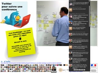 Twitter
pour suivre une
conférence

nt
: ce so
htags
s
les
•Les h a clés repérab
ts
des mo
u signe
grâce a

#

le mot.
devant

et de
s perm
i09 vou t clé et de
#vivald r le mo
su
les
cliquer
r tous
trouve
nt ce
re
ntionna
ets me
twe
g
hashta

+ d’info

http://www.web-marketing-pros.com/web-marketing-blog/2010/02/how-to-use-twitter-hashtags-a-guide-for-internet-marketers/

Contact : batier@univ-lyon1.fr
http://twitter.com/batier
http://twitter.com/batier

 