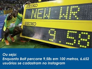 Ou seja:
Enquanto Bolt percorre 9,58s em 100 metros, 6.652
usuários se cadastram no Instagram
 