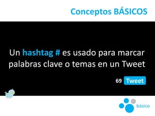 Conceptos BÁSICOS<br />Un hashtag # es usado para marcar palabras clave o temas en un Tweet<br />69<br />Tweet<br />básico...