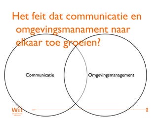 Het feit dat communicatie en
omgevingsmanament naar
elkaar toe groeien?

  Communicatie   Omgevingsmanagement




                                       42
 