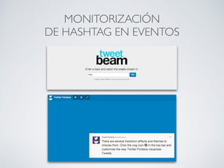La utilización deTwitter en eventos contribuye a:
• Generar expectación antes de su celebración, promocionar
el evento y captar inscripciones.
• Viralizar los mensajes asociados al evento.
• Facilitar el networking entre los participantes.
Conviene diseñar una estrategia para antes, durante y después del
evento
20
USOS DETWITTER
PARTICIPACIÓN EN EVENTOS
 