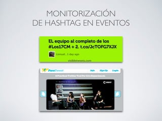 ANTES DEL EVENTO
Contenidos a tuitear para ir promocionando el evento.
Menciones a los colaboradores, fotografías y cartelería…
Difundir por los organizadores o los ponentes. Crear una cuenta
enTwitter especíﬁca si el evento es recurrente.
21
Elección y promoción del # hashtag que aglutine las
conversaciones. Que sea único, fácil de recordar y corto.
 