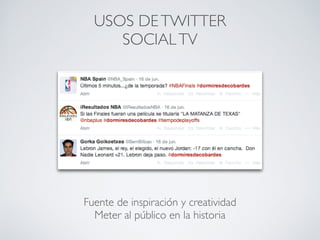 Lo más efectivo es ir retransmitiendo en directo mensajes, frases
impactantes… de los ponentes (con menciones @). Si es posible
se puede haber acordado previamente con el ponente varias frases
destacada.
También se pueden emitir fotos de las intervenciones y breves
vídeos (con Vine) con declaraciones o con el ambiente del evento.
Se pueden recoger enTwitter las preguntas que se quieren hacer
al ponente.
Conviene monitorizar durante el evento las posibles quejas
relacionadas con la organización, para detectarlas y solucionarlas a
tiempo.
22
DURANTE EL EVENTO
 