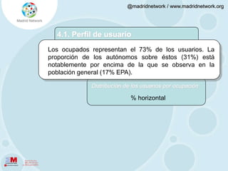 4.1 Perfil de usuario** Cada gráfico incluye una leyenda en la que se indica que expresan los datos (porcentaje o media) y cómo leerlo (horizontal o verticalmente). 
