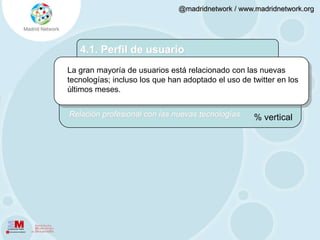 4.1. Perfil de usuarioLos ocupados representan el 73% de los usuarios. La proporción de los autónomos sobre éstos (31%) está notablemente por encima de la que se observa en la población general (17% EPA). Distribución de los usuarios por ocupación% horizontal