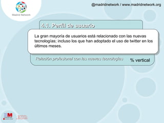 La gran mayoría de usuarios está relacionado con las nuevas tecnologías; incluso los que han adoptado el uso de twitter en los últimos meses. 4.1. Perfil de usuario % vertical Relación profesional con las nuevas tecnologías 
