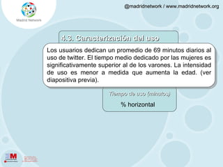 4.3. Caracterización del uso Los usuarios dedican un promedio de 69 minutos diarios al uso de twitter. El tiempo medio dedicado por las mujeres es significativamente superior al de los varones. La intensidad de uso es menor a medida que aumenta la edad. (ver diapositiva previa). % horizontal Tiempo de uso (minutos) 