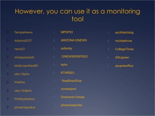 However, you can use it as a monitoring tool TempeNews  ArizonaDOT   news21   statepressarts   Maricopahealth   abc15phx   PHXFire   abc15alerts   PHXSkyHarbor phoenixpolice   MPDPIO ARIZONA12NEWS   azfamily   12NEWSRSSFEED   kpho   KTAR923   RealSheriffJoe zoniereport   DowntownTempe   phoenixreporter   azcWatchdog   michaelcrow   CollegeTimes   ASUgreen   asupresoffice   