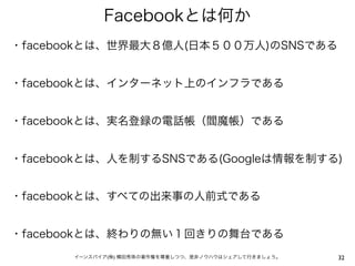 Facebookとは何か
・facebookとは、世界最大８億人(日本５００万人)のSNSである


・facebookとは、インターネット上のインフラである


・facebookとは、実名登録の電話帳（閻魔帳）である


・facebookとは、人を制するSNSである(Googleは情報を制する)


・facebookとは、すべての出来事の人前式である


・facebookとは、終わりの無い１回きりの舞台である
       イーンスパイア(株) 横田秀珠の著作権を尊重しつつ、是非ノウハウはシェアして行きましょう。   32
 