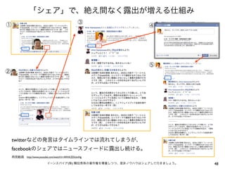 「シェア」で、絶え間なく露出が増える仕組み
①                                               ③
                                                              ④




                                                              ⑤
②




    twitterなどの発言はタイムラインでは流れてしまうが、
    facebookのシェアではニュースフィードに露出し続ける。
    再現動画 http://www.youtube.com/watch?v=AWiKZDUzvNg

                           イーンスパイア(株) 横田秀珠の著作権を尊重しつつ、是非ノウハウはシェアして行きましょう。   48
 
