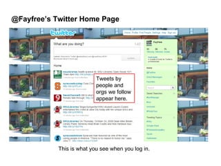 @Fayfree’s Twitter Home Page This is what you see when you log in. Tweets by people and orgs we follow appear here. 