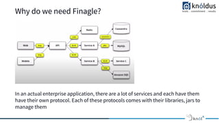 Why do we need Finagle?
In an actual enterprise application, there are a lot of services and each have them
have their own protocol. Each of these protocols comes with their libraries, jars to
manage them
 