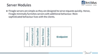 Server Modules
● Finagle servers are simple as they are designed to serve requests quickly. Hence,
Finagle minimally furnishes servers with additional behaviour. More
sophisticated behaviour lives with the clients.
 