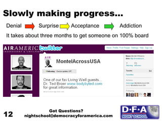 Slowly making progress… Denial  Surprise  Acceptance  Addiction It takes about three months to get someone on 100% board Got Questions? nightschool@democracyforamerica.com  12 