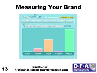 Measuring Your Brand Questions? nightschool@democracyforamerica.com  13 