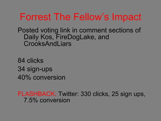 Forrest The Fellow’s Impact Posted voting link in comment sections of Daily Kos, FireDogLake, and CrooksAndLiars 84 clicks 34 sign-ups 40% conversion FLASHBACK:  Twitter: 330 clicks, 25 sign ups, 7.5% conversion 