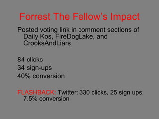 Forrest The Fellow’s Impact <ul><li>Posted voting link in comment sections of Daily Kos, FireDogLake, and CrooksAndLiars <...