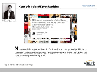 www.vault.com Top 10  Twitter  Fallouts and Firings N ot so subtle opportunism didn’t sit well with the general public, an...