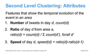 Second Level Clustering: Attributes
Features that show the temporal evolution of the
event in an area
1. Number of tweets ...