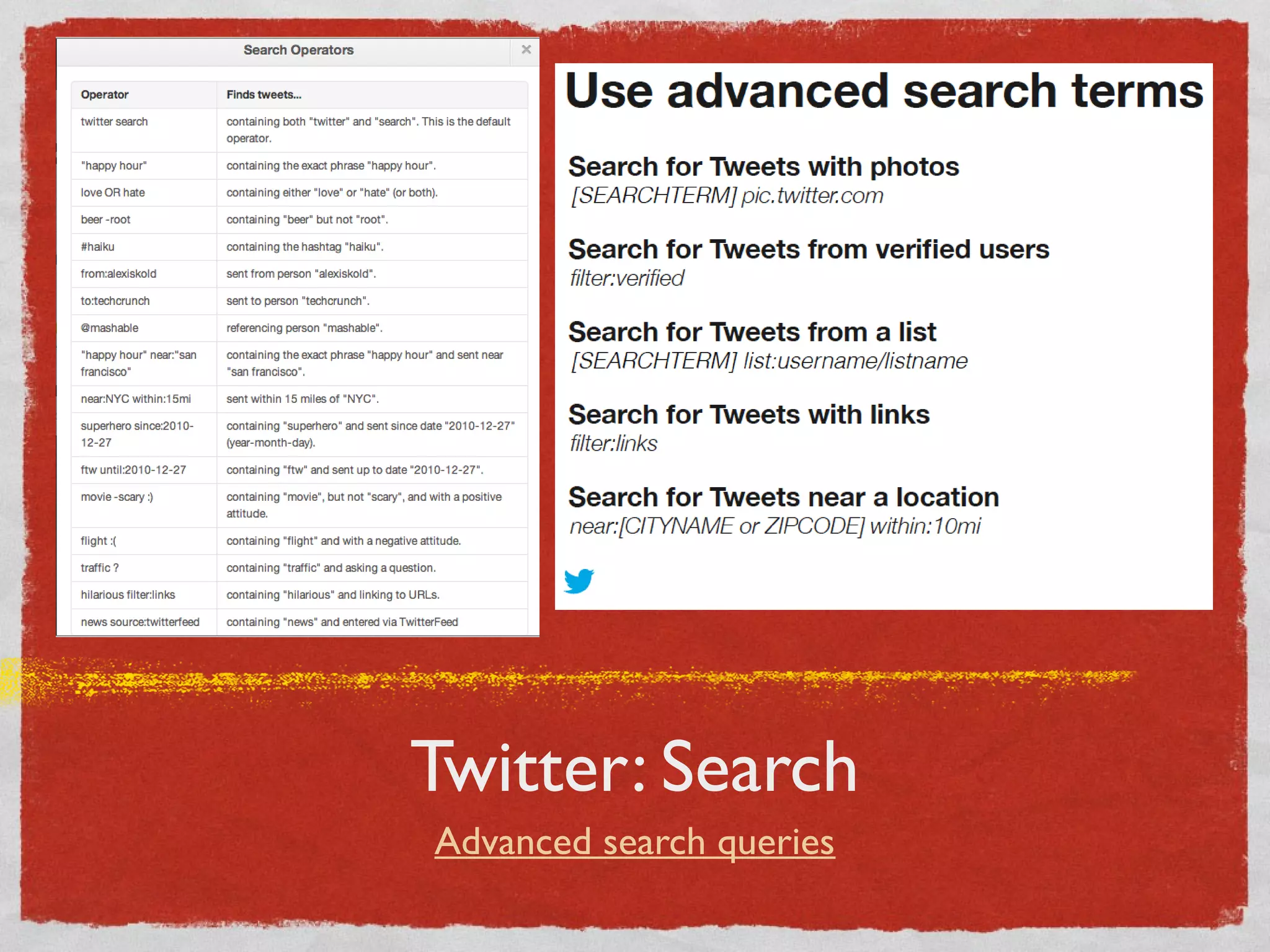Twitter: Search
Advanced search queries
 