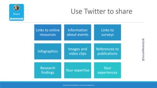 Use Twitter to share
@SocialMediaQUB
Links to online
resources
Information
about events
Links to
surveys
Infographics
Images and
video clips
References to
publications
Research
findings
Your expertise
Your
experiences
TWITTER FOR ACADEMICS: GET BETTER CONNECTED
 